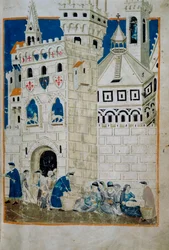 I poveri di Siena accolti a Firenze (Codice Tempi 3, c. 58), miniatura dal Codice Biadaiolo